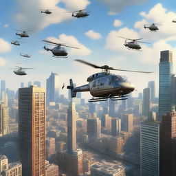 A realistic scene featuring helicopters flying above a city during the daytime