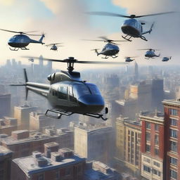 A realistic scene featuring helicopters flying above a city during the daytime