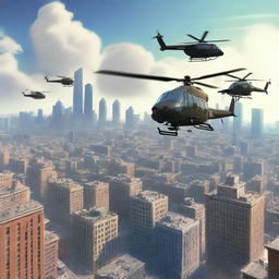 A realistic scene featuring helicopters flying above a city during the daytime