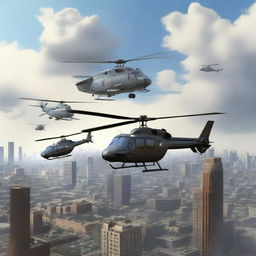 A realistic scene featuring helicopters flying above a city during the daytime