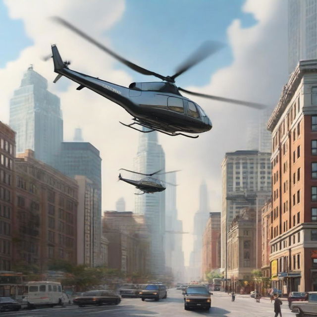 A realistic scene featuring three helicopters flying above a bustling city during the daytime