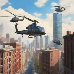 A realistic scene featuring three helicopters flying above a bustling city during the daytime