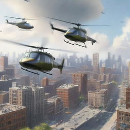 A realistic scene featuring three helicopters flying above a bustling city during the daytime