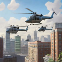 A realistic scene featuring three helicopters flying above a bustling city during the daytime