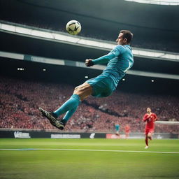 A dramatic scene of a man scoring an overhead kick to win the football match