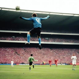 A dramatic scene of a man scoring an overhead kick to win the football match