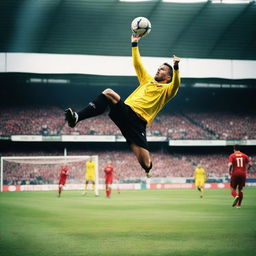 A dramatic scene of a man scoring an overhead kick to win the football match