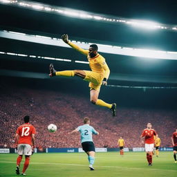 A dramatic scene of a man scoring an overhead kick to win the football match