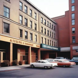 A detailed view of the back of a hotel in 1998, showcasing the architecture and design typical of that era