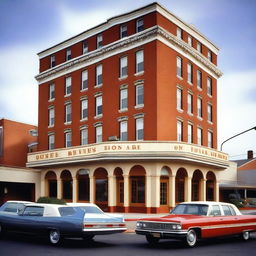 A detailed view of the back of a hotel in 1998, showcasing the architecture and design typical of that era