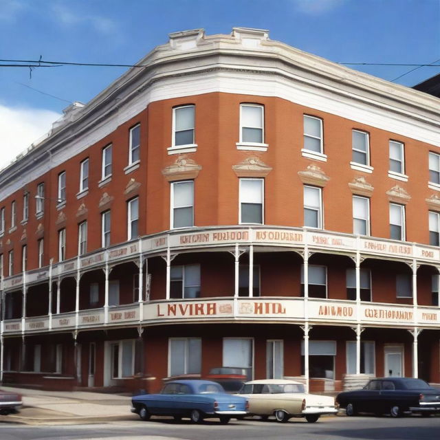 A detailed view of the back of a hotel in 1998, showcasing the architecture and design typical of that era