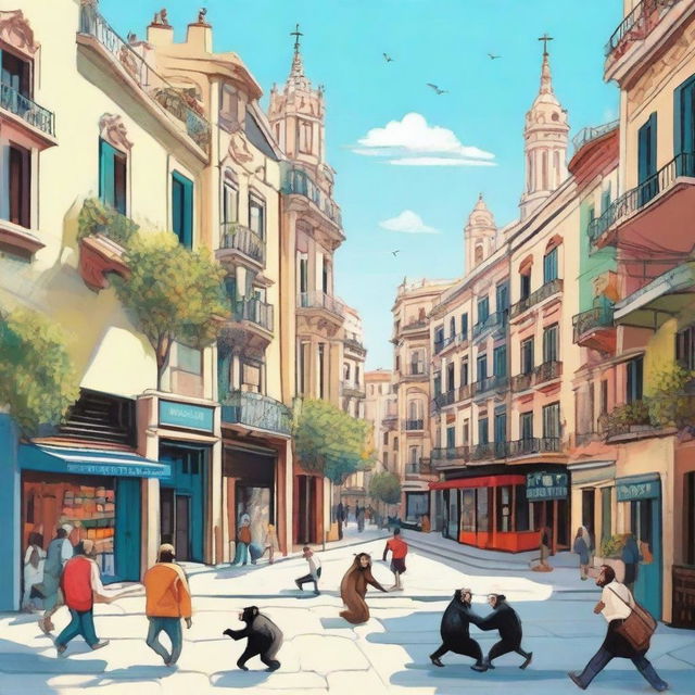 A whimsical scene of Barcelona, Spain during the daytime, featuring a vibrant cityscape with iconic landmarks, bustling streets, and beautiful architecture