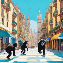 A whimsical scene of Barcelona, Spain during the daytime, featuring a vibrant cityscape with iconic landmarks, bustling streets, and beautiful architecture