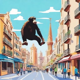 A whimsical scene of Barcelona, Spain during the daytime, featuring a vibrant cityscape with iconic landmarks, bustling streets, and beautiful architecture