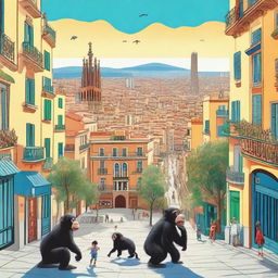 A whimsical scene of Barcelona, Spain during the daytime, featuring a vibrant cityscape with iconic landmarks, bustling streets, and beautiful architecture