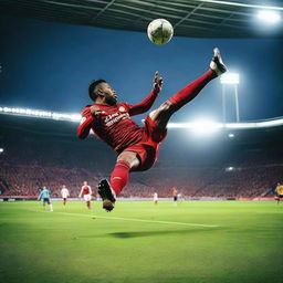 A man scoring a bicycle kick to win the football match