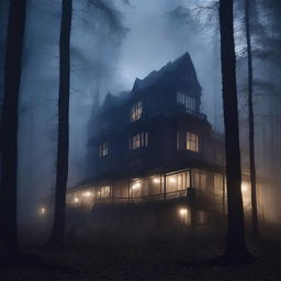 A dark and eerie hotel in the middle of a dense forest at night