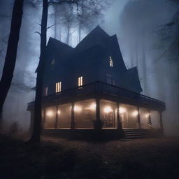 A dark and eerie hotel in the middle of a dense forest at night