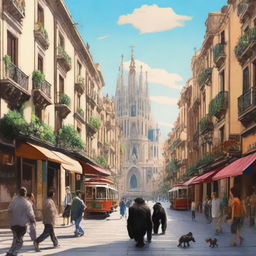 A highly realistic scene of Barcelona, Spain during the daytime, featuring a vibrant cityscape with iconic landmarks, bustling streets, and beautiful architecture