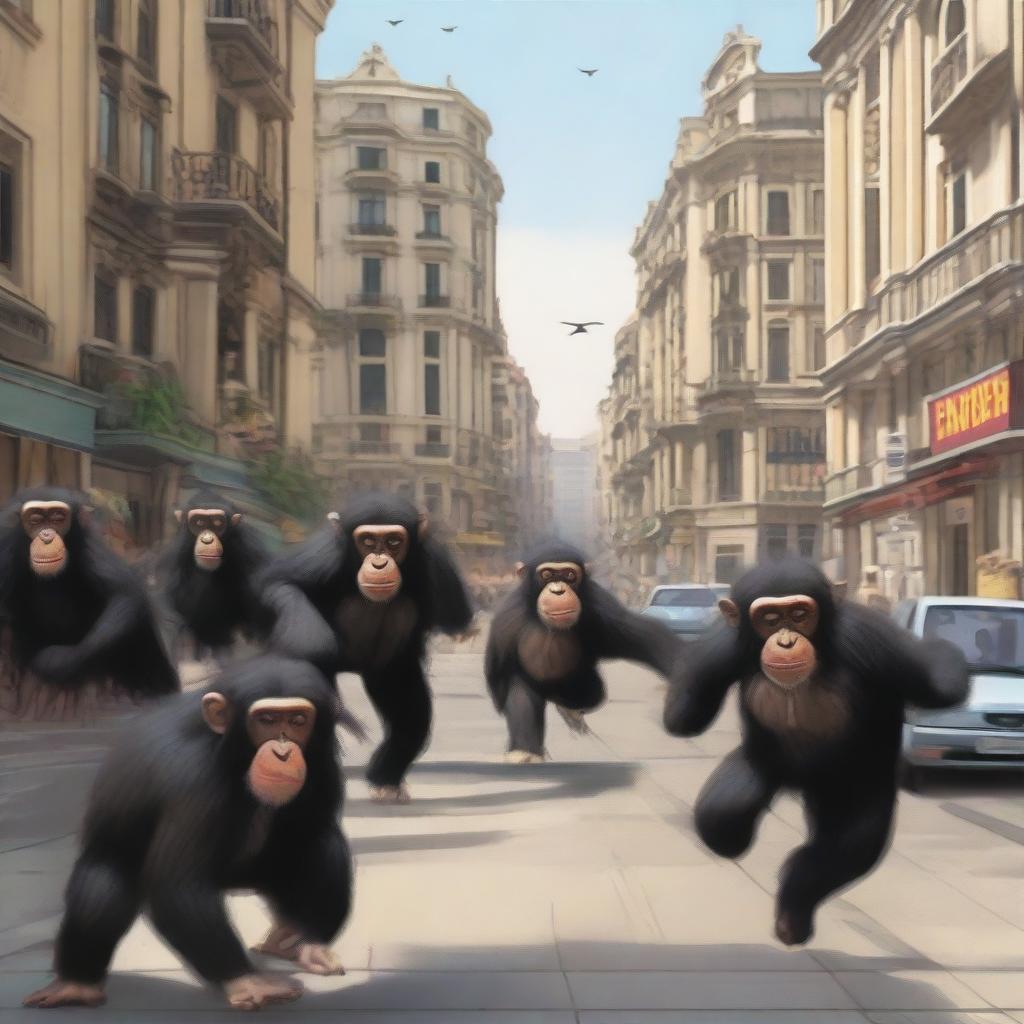 A highly realistic scene of Barcelona, Spain during daytime, with hundreds of angry chimpanzees running around the town