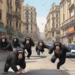 A highly realistic scene of Barcelona, Spain during daytime, with hundreds of angry chimpanzees running around the town