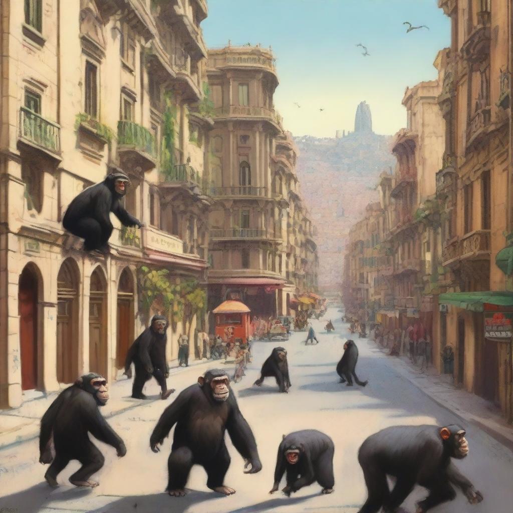 A highly realistic scene of Barcelona, Spain during daytime, with hundreds of angry chimpanzees running around the town