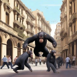 A highly realistic scene of Barcelona, Spain during daytime, with hundreds of angry chimpanzees running around the town