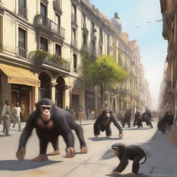 A highly realistic scene of Barcelona, Spain during daytime, with hundreds of angry chimpanzees running around the town