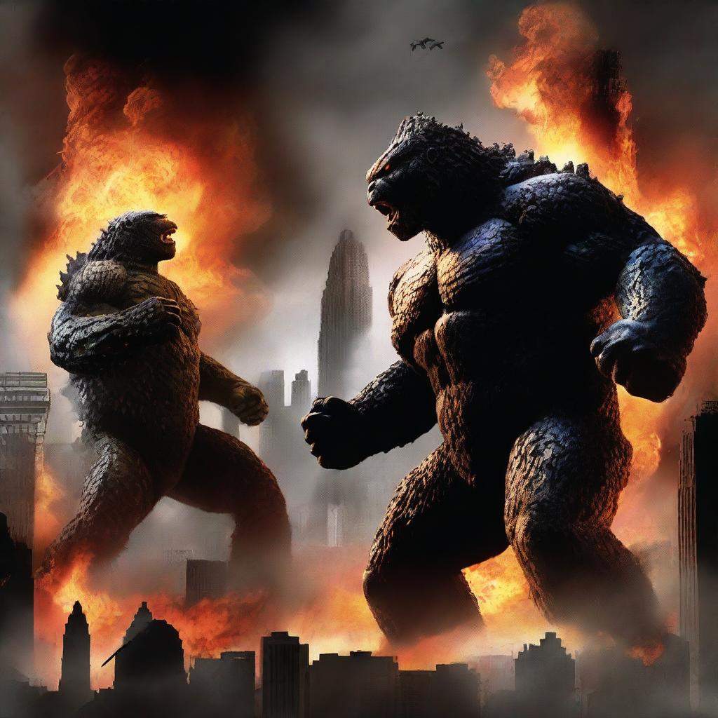 A dramatic scene featuring Godzilla and King Kong engaged in an epic battle