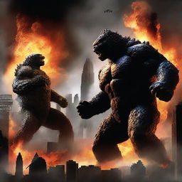 A dramatic scene featuring Godzilla and King Kong engaged in an epic battle