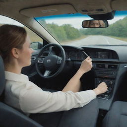 A woman sitting in the passenger seat of a car, with a man driving. Separating them is a large flat screen, making it impossible for the driver to see the passenger.