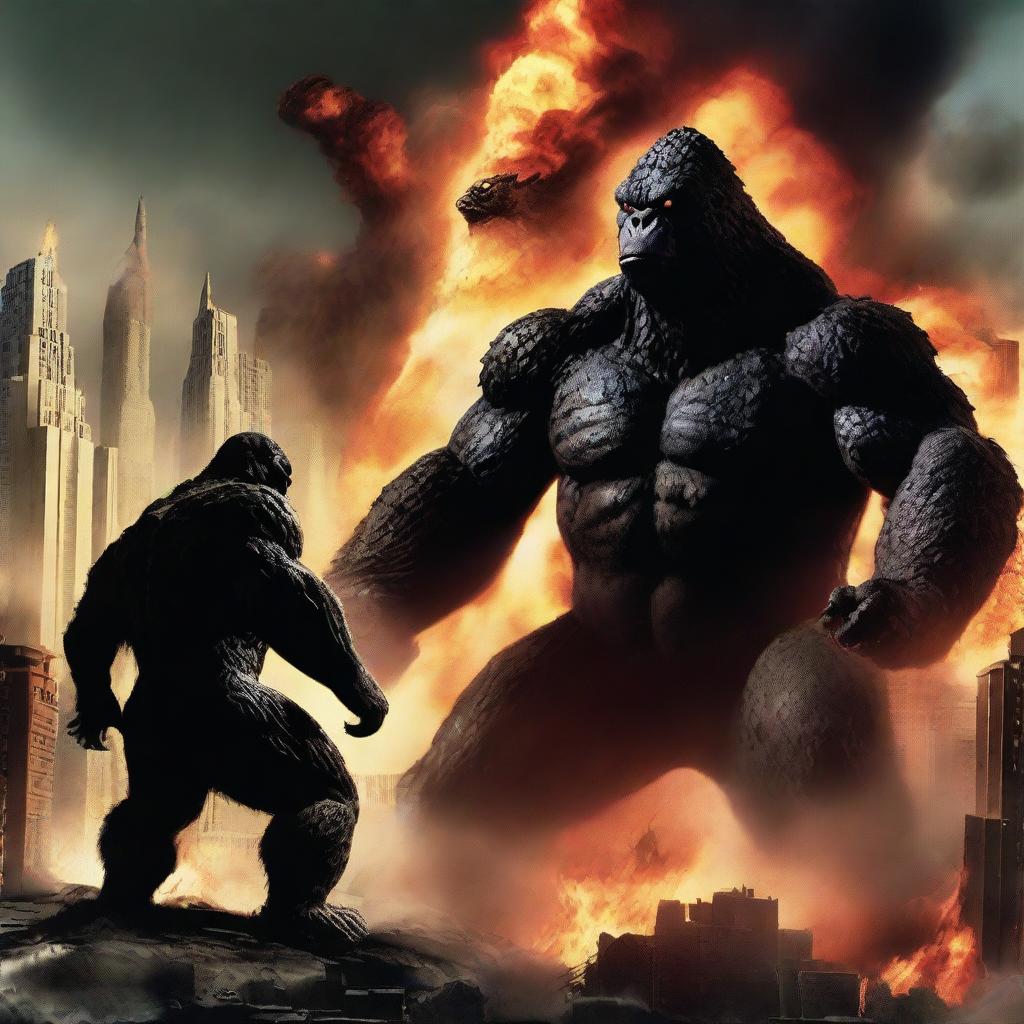 A dramatic scene featuring Godzilla and King Kong engaged in an epic battle