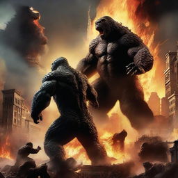 A dramatic scene featuring Godzilla and King Kong engaged in an epic battle