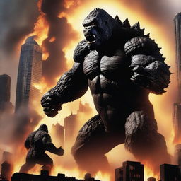 A dramatic scene featuring Godzilla and King Kong engaged in an epic battle