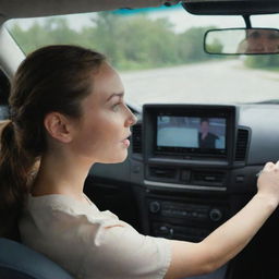 A woman sitting in the passenger seat of a car, with a man driving. Separating them is a large flat screen, making it impossible for the driver to see the passenger.