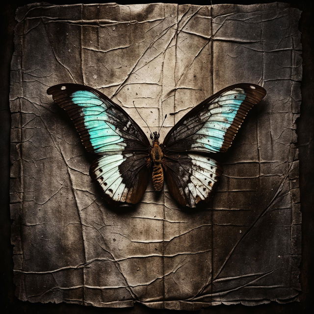 Create an abstract image of a trapped butterfly against a vintage, crinkled, and torn dark brown background, emphasizing texture, fragility, and a sense of melancholy