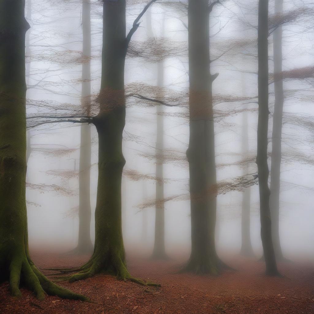 A serene, misty forest with tall, ancient trees shrouded in fog