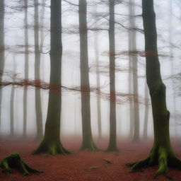 A serene, misty forest with tall, ancient trees shrouded in fog