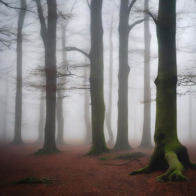 A serene, misty forest with tall, ancient trees shrouded in fog