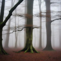 A serene, misty forest with tall, ancient trees shrouded in fog