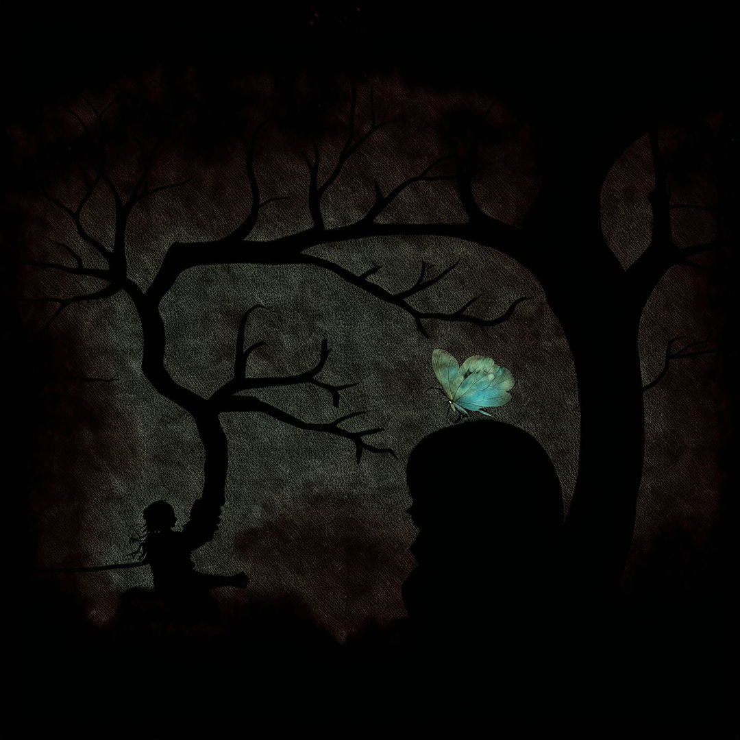 Create a dark, abstract image with a vintage, crinkled, and torn dark brown background featuring a shadowy little girl sitting against a tree and a glowing butterfly, evoking nostalgia and melancholy