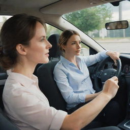 A woman sitting in the passenger seat of a car, with a man driving. Separating them is a large flat screen, making it impossible for the driver to see the passenger.