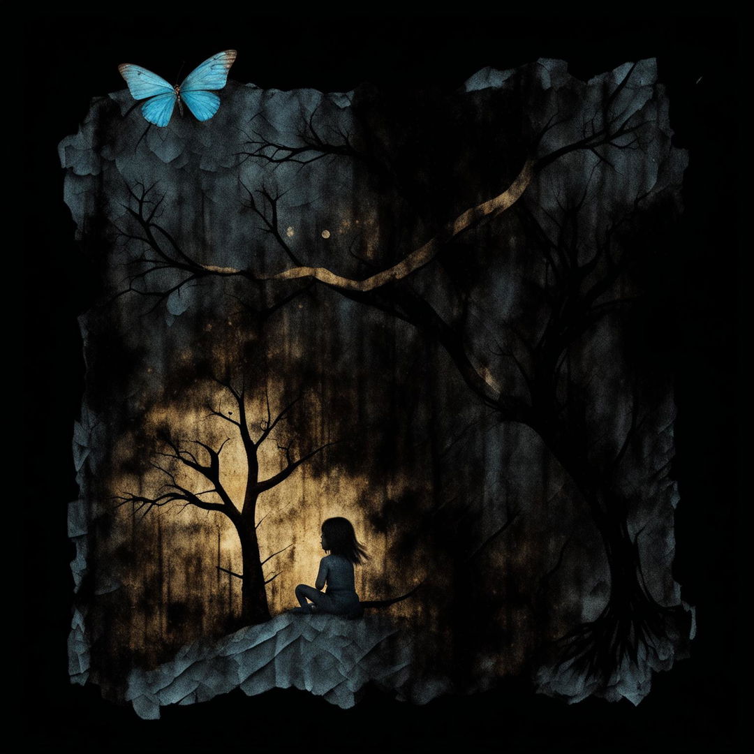 Create an abstract image with a vintage, crinkled dark brown background featuring a shadowy little girl sitting against a tree and a butterfly, evoking nostalgia and mystery