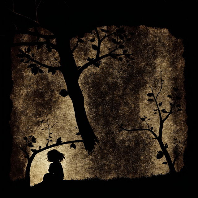 Create an abstract image with a vintage crinkled and torn dark background, featuring a shadowy silhouette of a little girl sitting against a tree and a delicate butterfly, evoking a sense of history, decay, and fleeting beauty