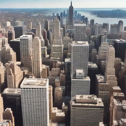 A breathtaking high view of New York City from above, showcasing the iconic skyline with towering skyscrapers