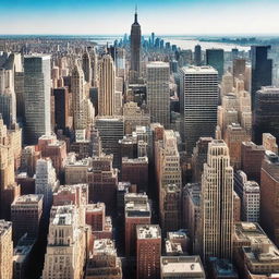 A breathtaking high view of New York City from above, showcasing the iconic skyline with towering skyscrapers