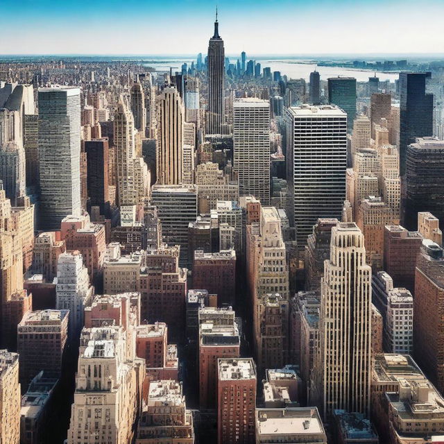 A breathtaking high view of New York City from above, showcasing the iconic skyline with towering skyscrapers