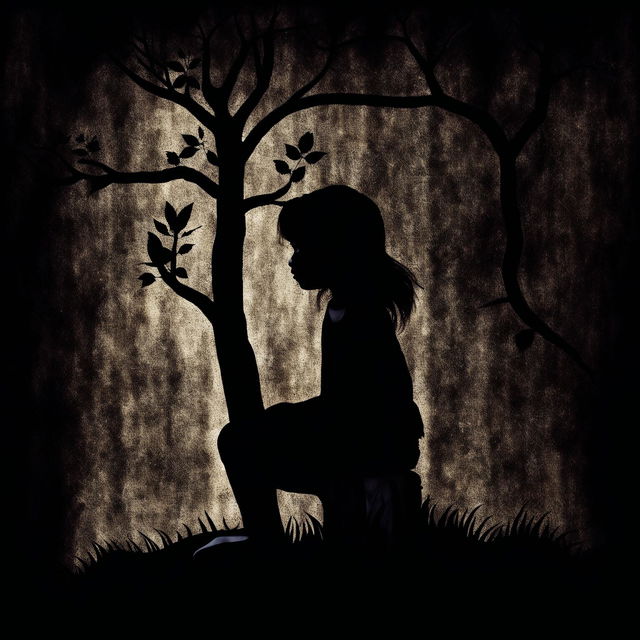 Create an abstract image with a vintage crinkled and torn background, featuring a shadowy silhouette of a little girl sitting against a gnarled tree and a delicate butterfly, evoking nostalgia and melancholy