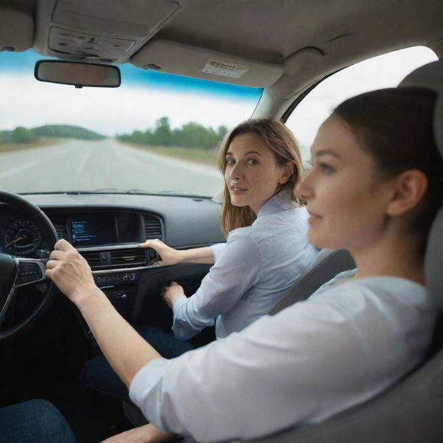 A woman sitting in the passenger seat of a car, with a man driving. Separating them is a large flat screen, making it impossible for the driver to see the passenger.