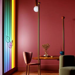 An aesthetically pleasing, artistic interior with modern, stylish furniture, thoughtful lighting, an elegant color palette, and abstract artwork adorning the walls.